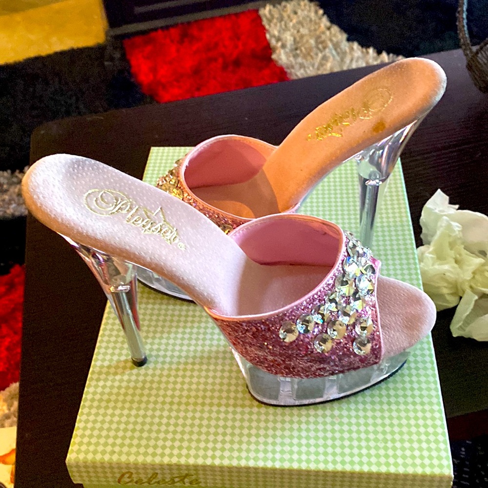 Pink glitter and rhinestone Pleaser mules